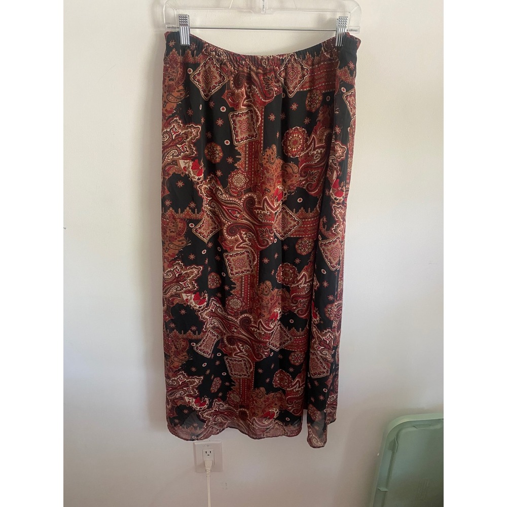 Ease Sport Vintage Paisley Maxi Skirt Red Black Boho Elastic Waist Size 14